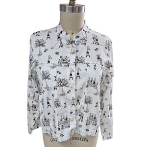 2005 Vtg Christopher & Banks Cotton Stretch Shirt Jacket Shopping Themed Toile L